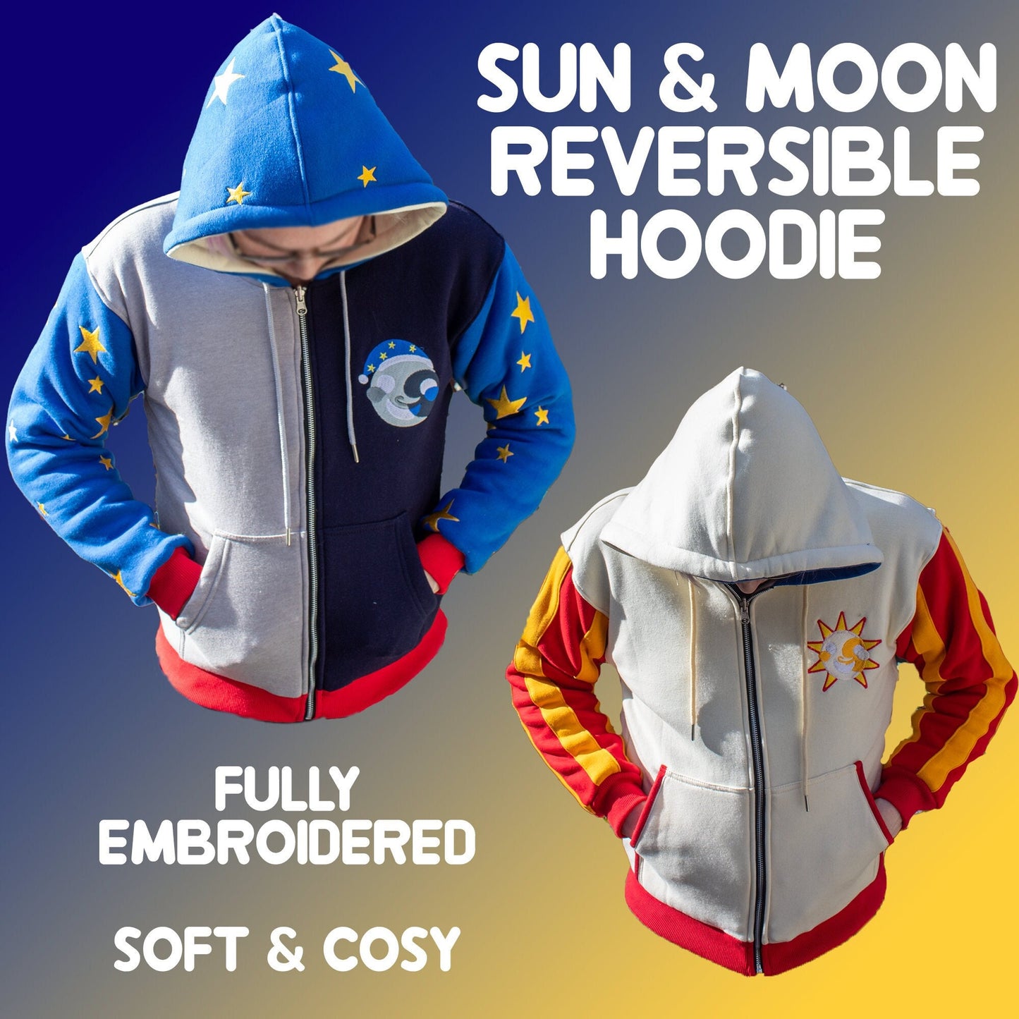 Five Nights at Freddy's Sun / Daycare Attendant & Moon Inspired Reversible Hoodie | Soft Zip Up Hoodie with Embroidery FNAF Security Breach