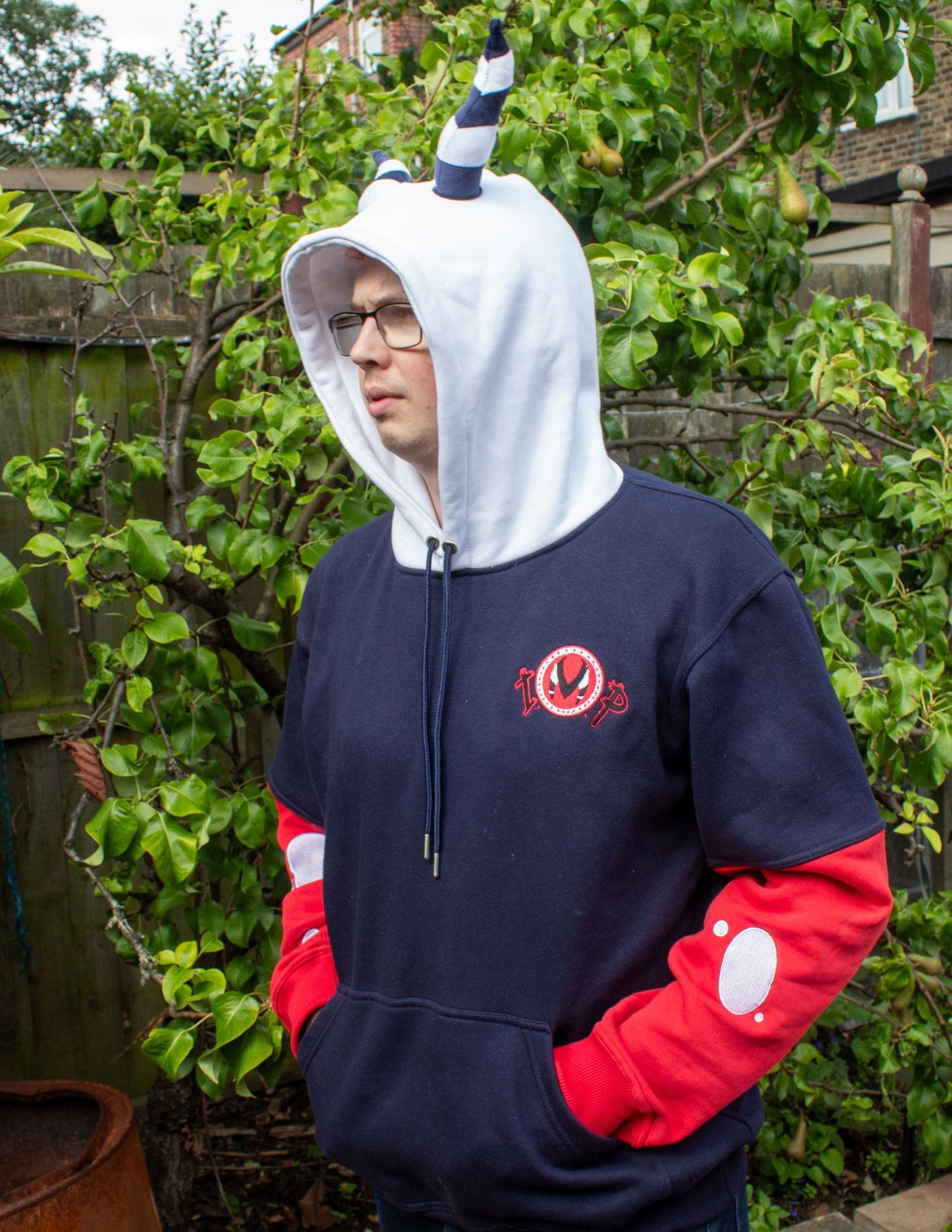 Helluva Boss Moxxie Plush Horned Hoodie with IMP Logo | Soft Pull Over Hoodie with Embroidery