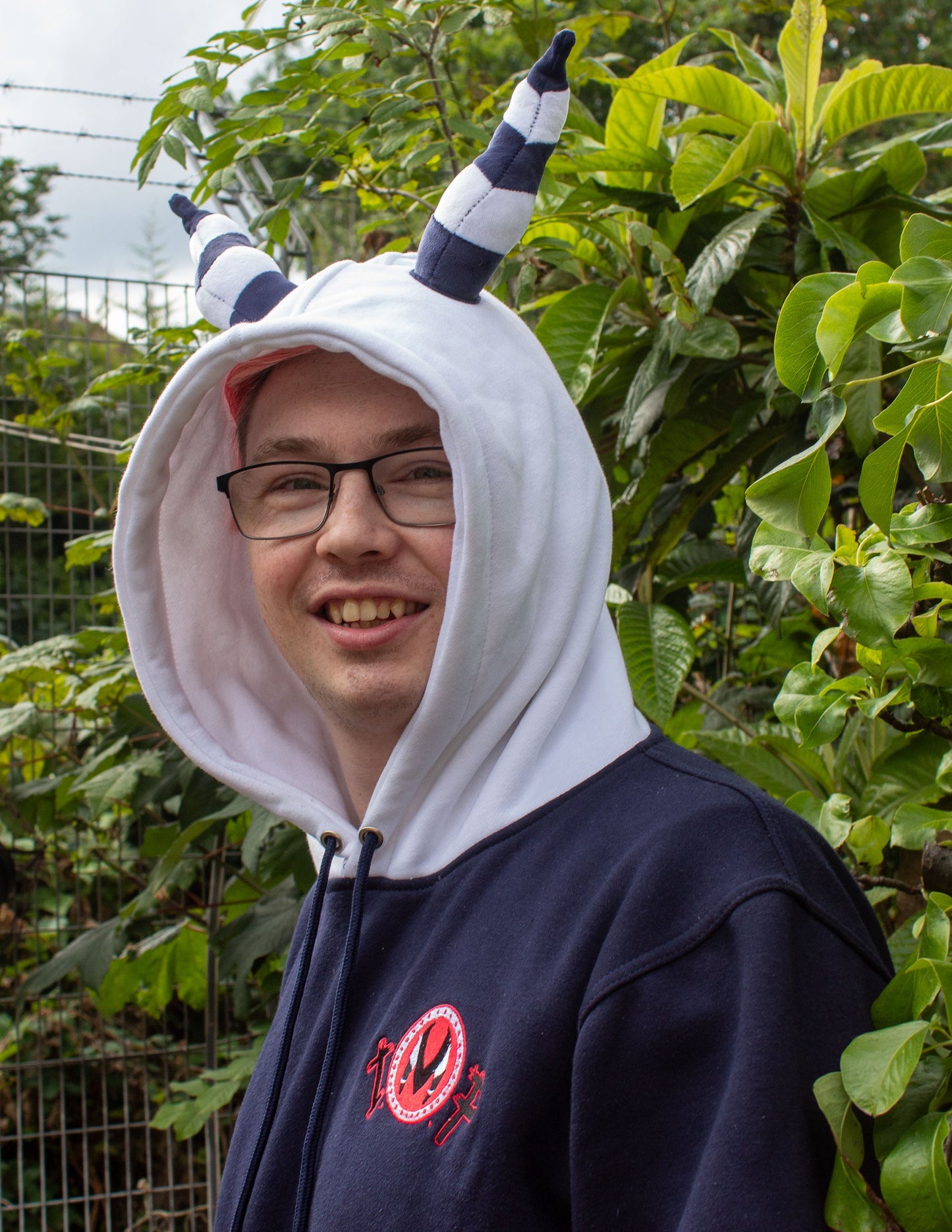 Helluva Boss Moxxie Plush Horned Hoodie with IMP Logo | Soft Pull Over Hoodie with Embroidery