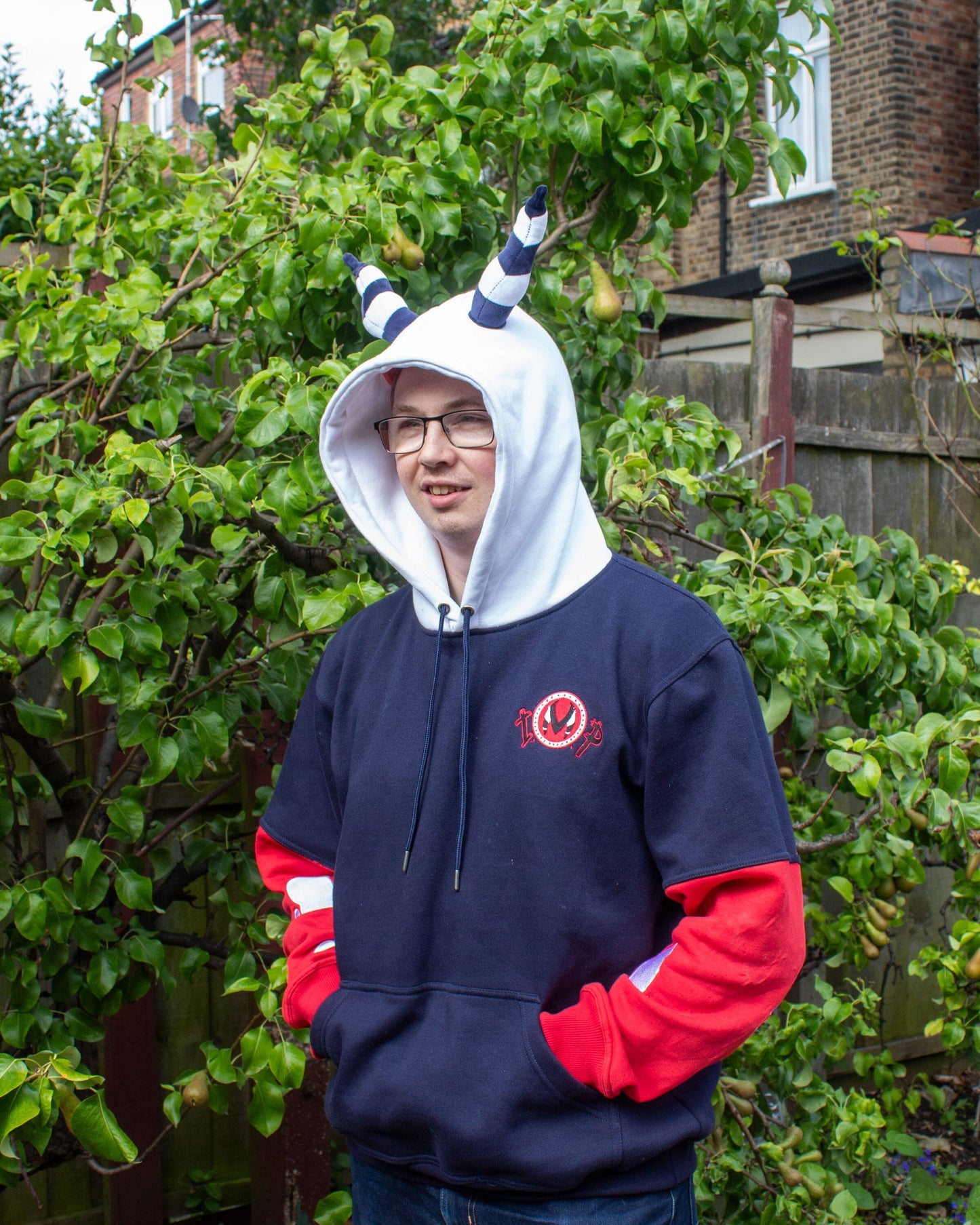 Helluva Boss Moxxie Plush Horned Hoodie with IMP Logo | Soft Pull Over Hoodie with Embroidery