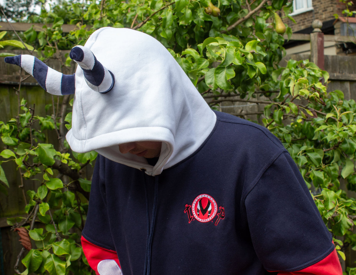 Helluva Boss Moxxie Plush Horned Hoodie with IMP Logo | Soft Pull Over Hoodie with Embroidery