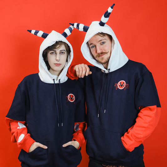 Helluva Boss Moxxie Plush Horned Hoodie with IMP Logo | Soft Pull Over Hoodie with Embroidery