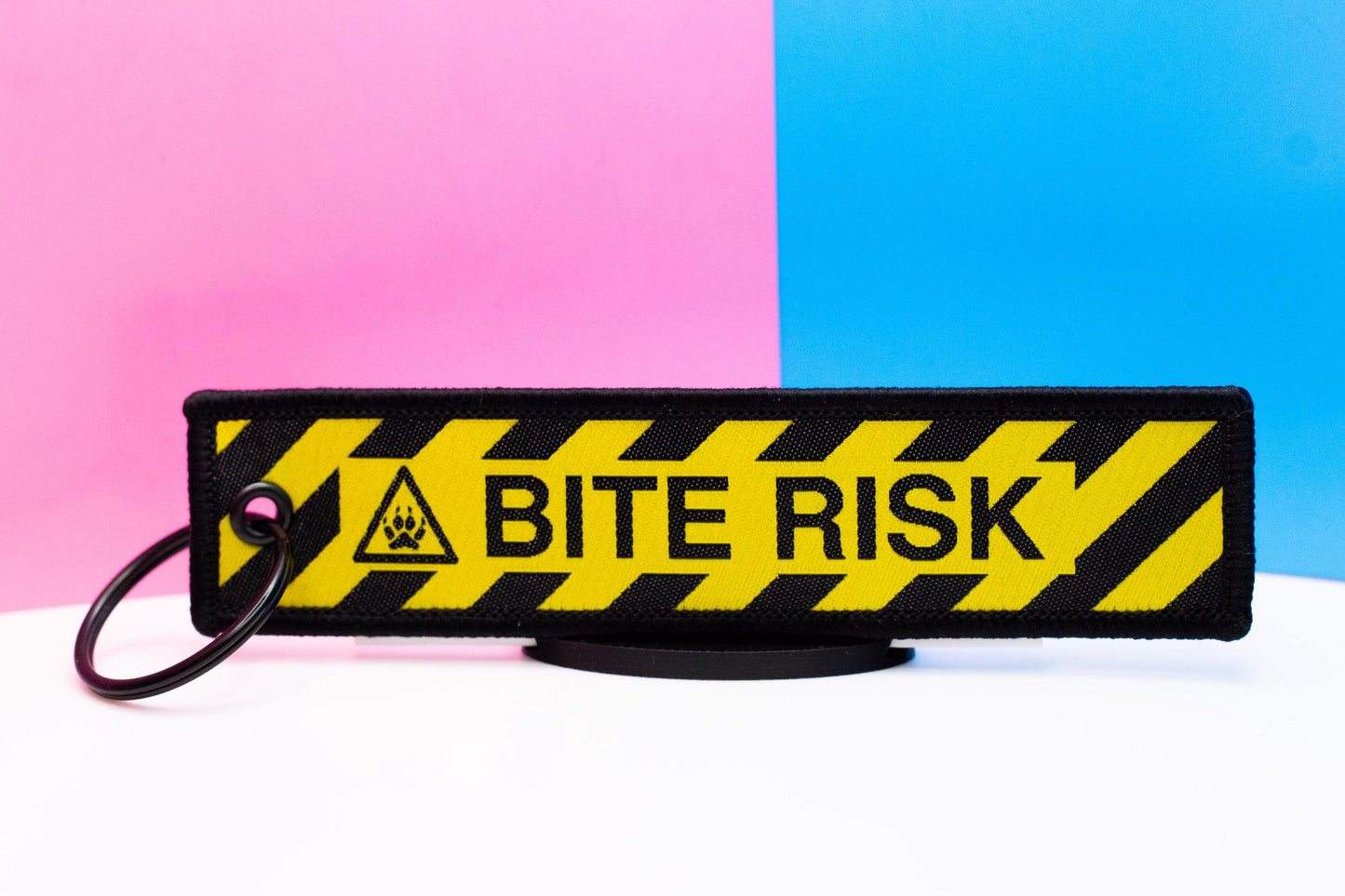 Bite Risk Embroidered Jet Tag | 5 Inch Woven Double Sided Keychain