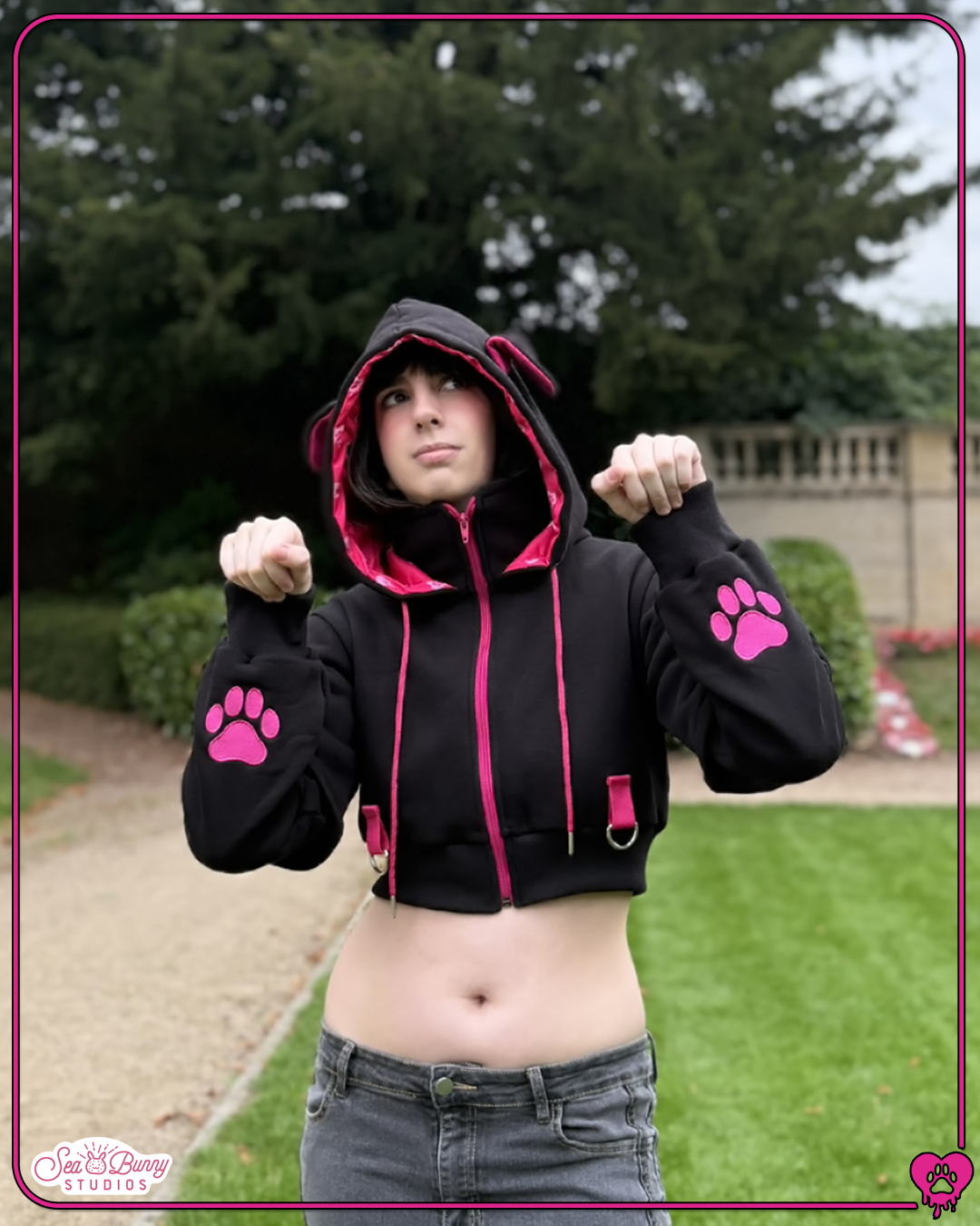 PREORDER: Cropped Hot Pink & Black Doggy Hoodie