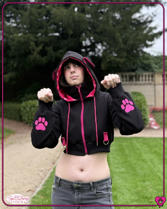 PREORDER: Cropped Hot Pink & Black Doggy Hoodie