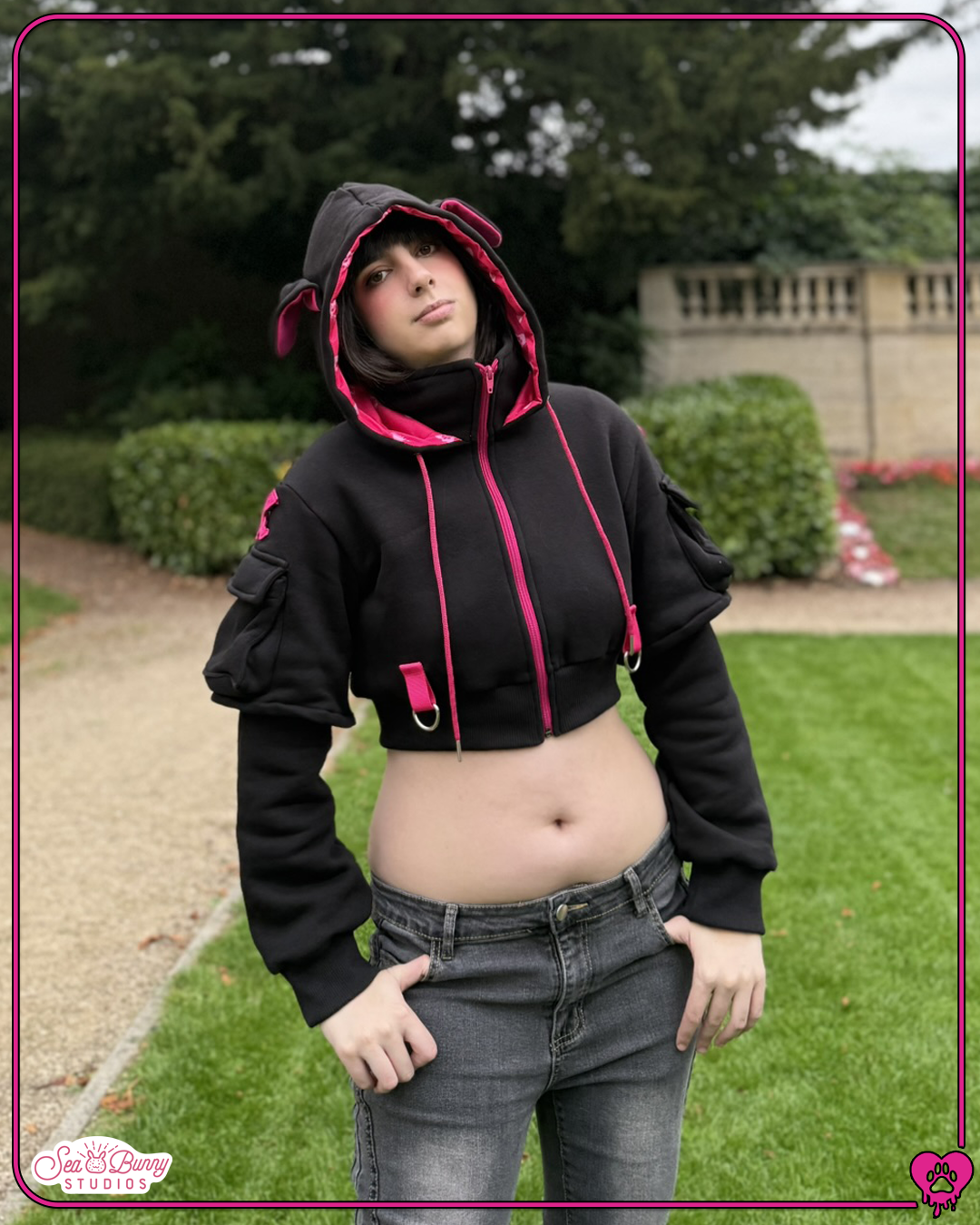 PREORDER: Cropped Hot Pink & Black Doggy Hoodie