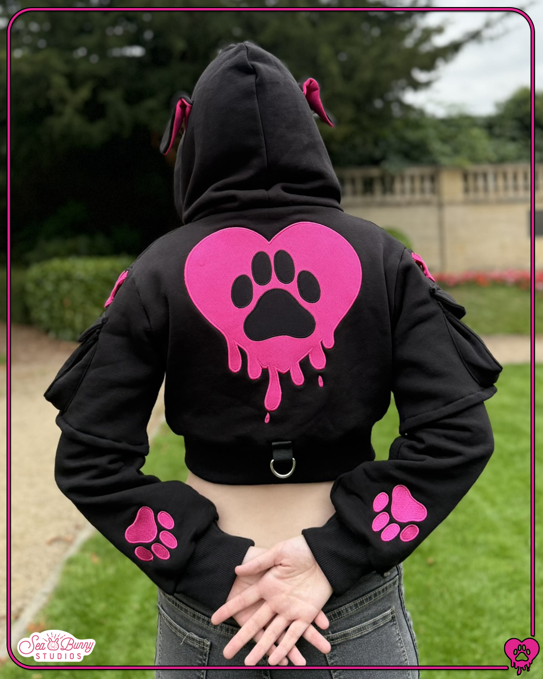 PREORDER: Cropped Hot Pink & Black Doggy Hoodie