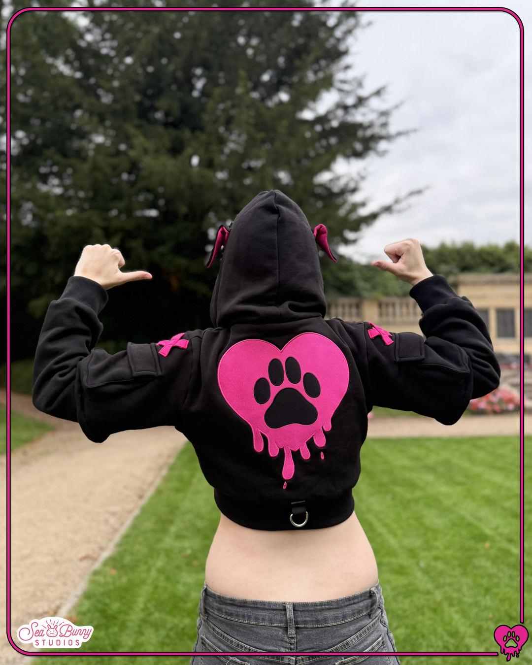 PREORDER: Cropped Hot Pink & Black Doggy Hoodie