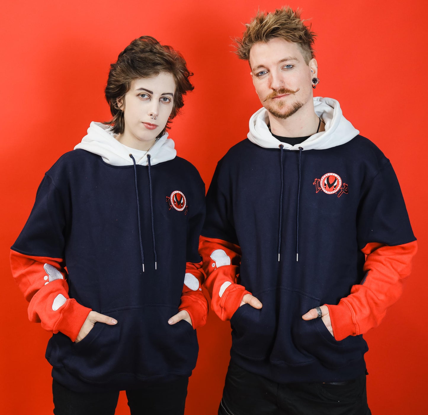 Helluva Boss Moxxie Plush Horned Hoodie with IMP Logo | Soft Pull Over Hoodie with Embroidery